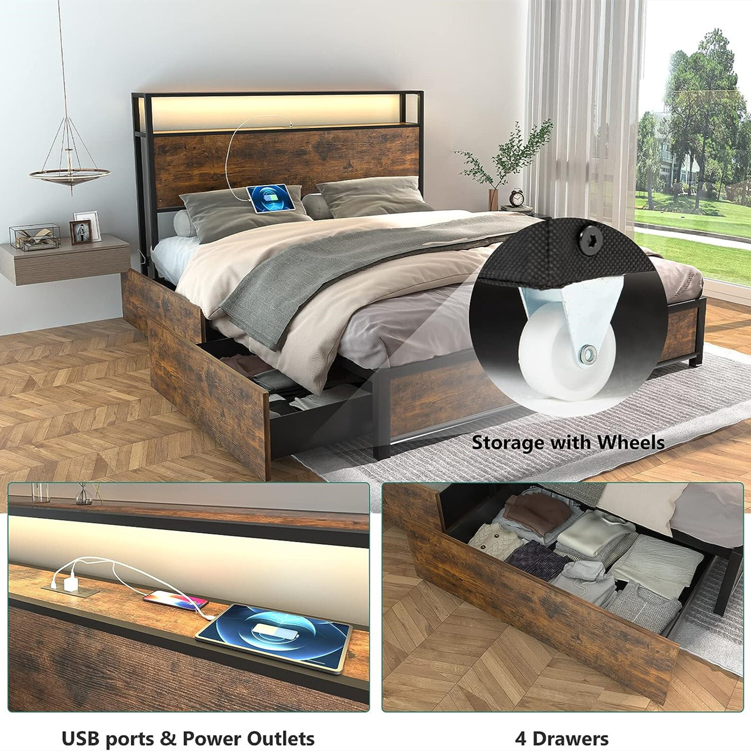 Queen Size Bed Frame Metal Platform Bed with Storage Drawers Headboard USB Ports