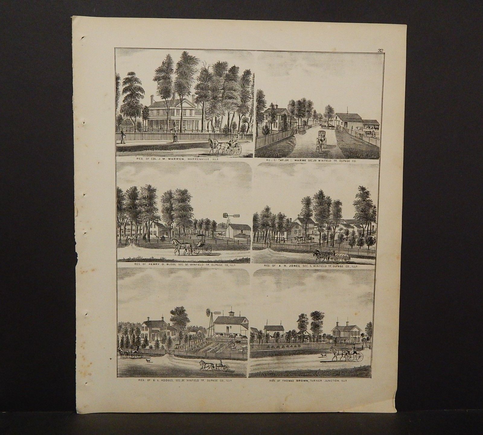 Illinois Du Page County Map John Norbury Residence Engravings 1874 K14#01