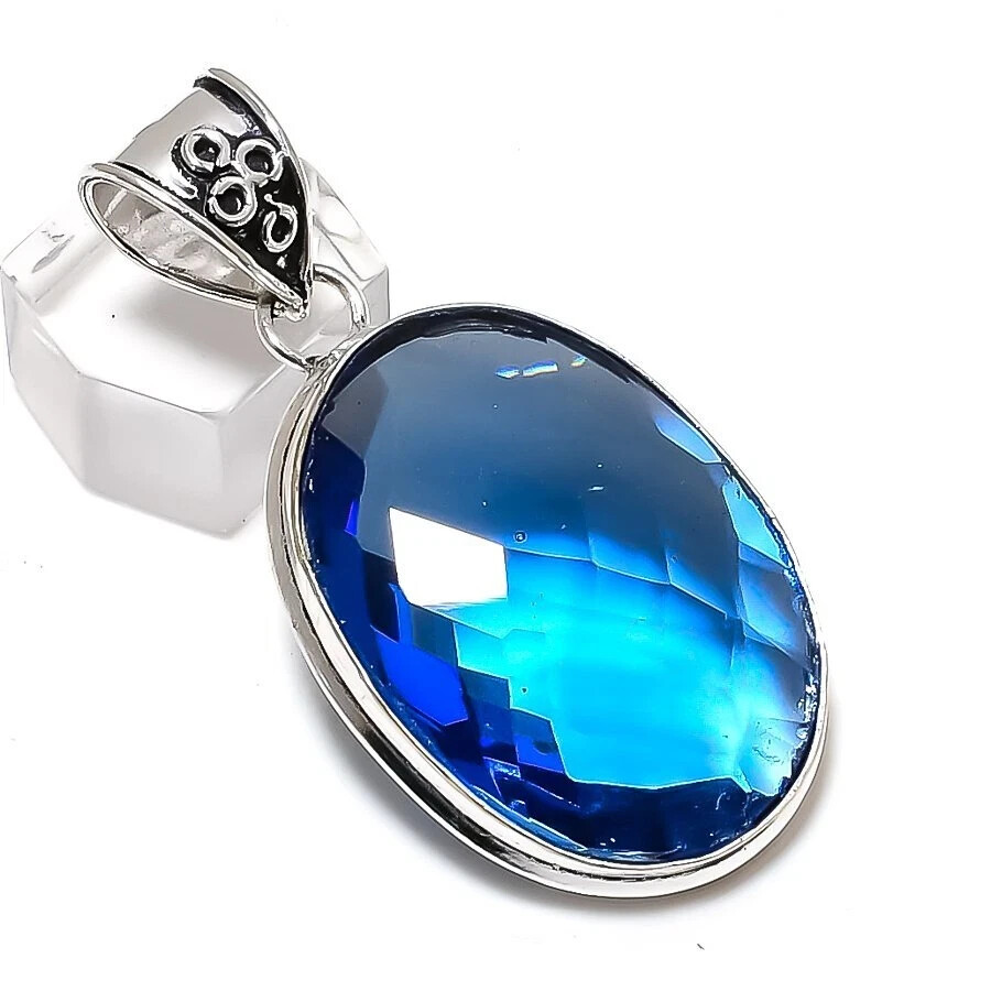 London Topaz Pendant, 925 Silver Sterling, Blue Pendant, Christmas Jewelry, Oval