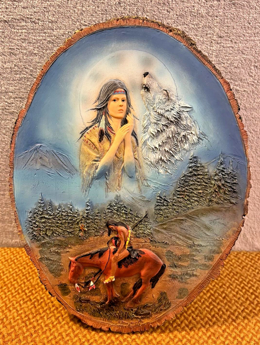 Vintage Native American Wolf Scene Log Slice Plaque Rustic Wood Art Ornament