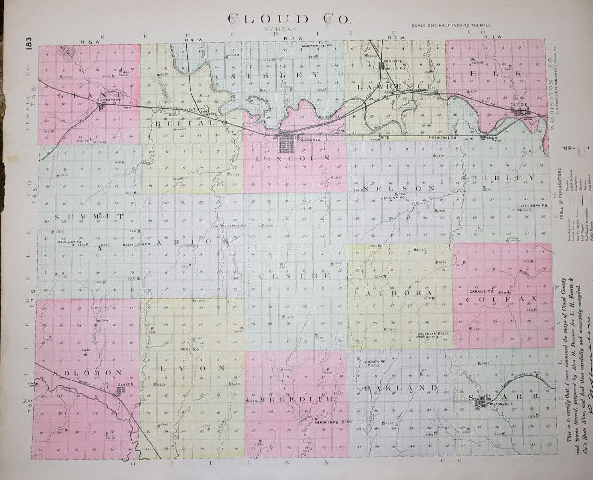 1887 Plat Map CLOUD Co., KANSAS / CLYDE, GLASCO, JAMESTOWN Twps. on Reverse #183