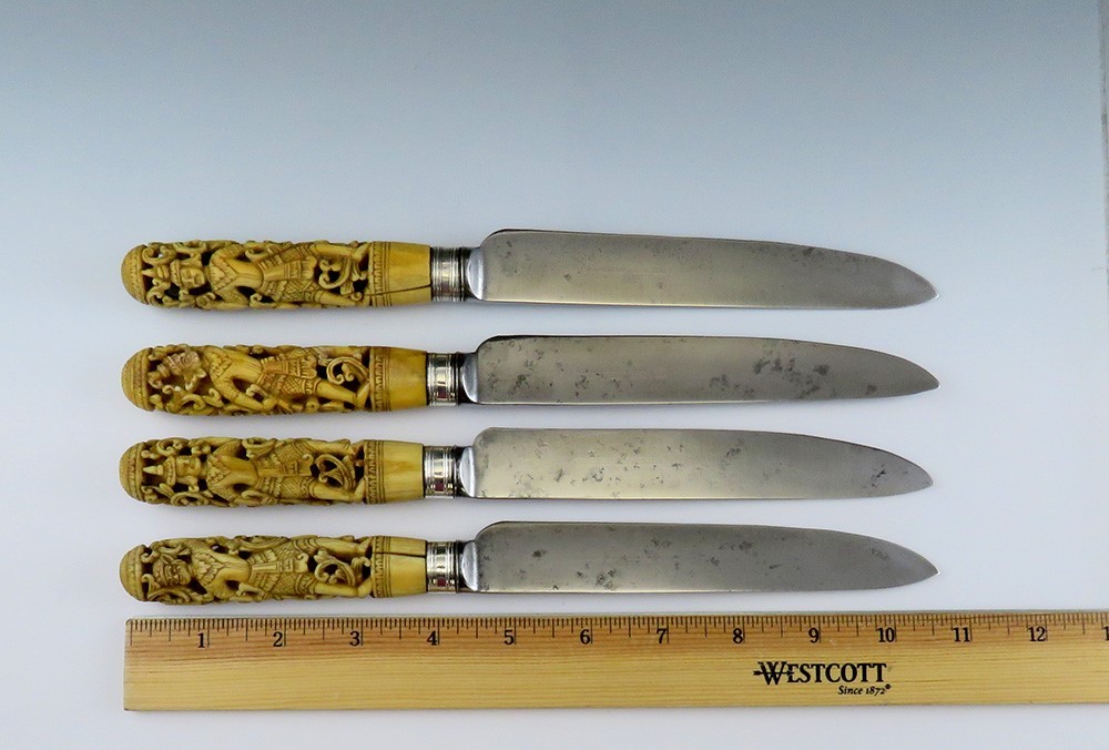 4 Antique Thai Hand Carved Stag Sheffield blades Knives10 3/4″
