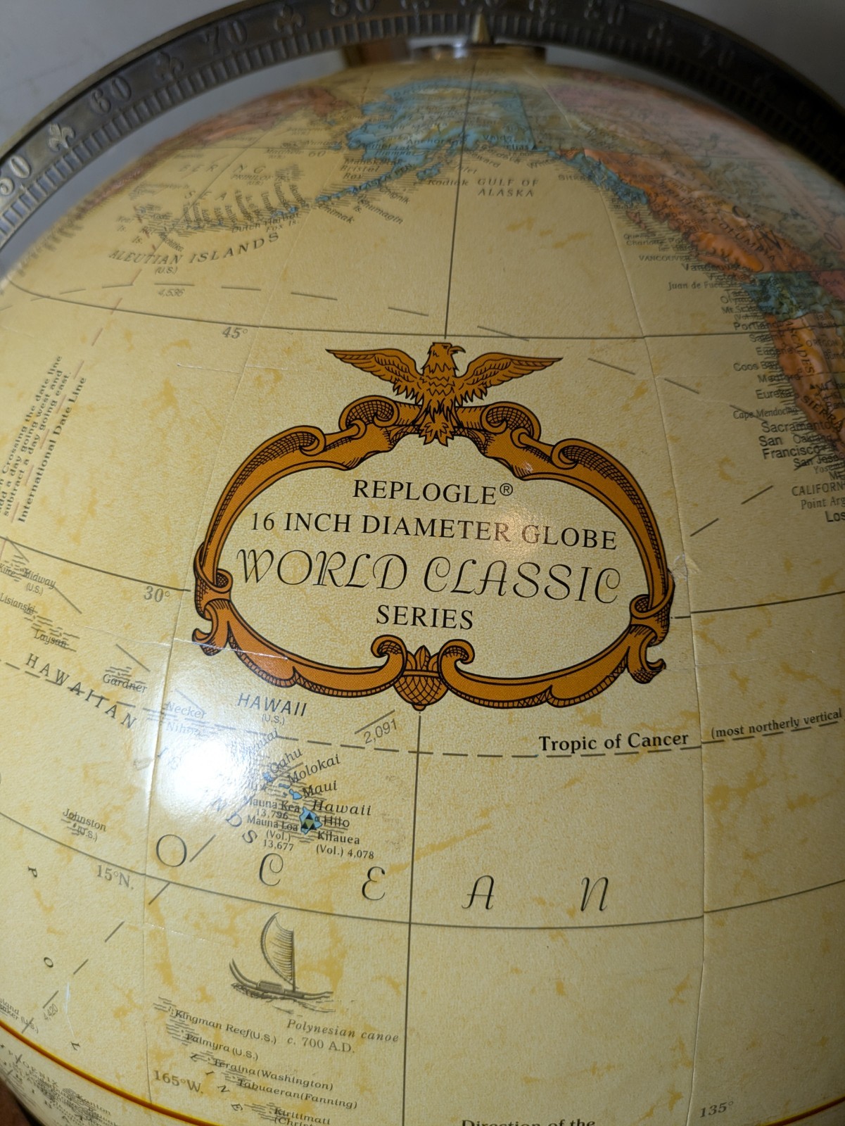 Replogle 16″ World Globe Floor Stand Cherry Wood Mission Base USA Brass 2000s