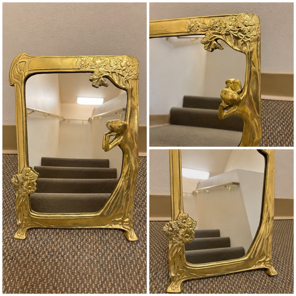 Lady of the Lake Antique Art Nouveau Bronze Free-Standing Table Mirror c. 1910