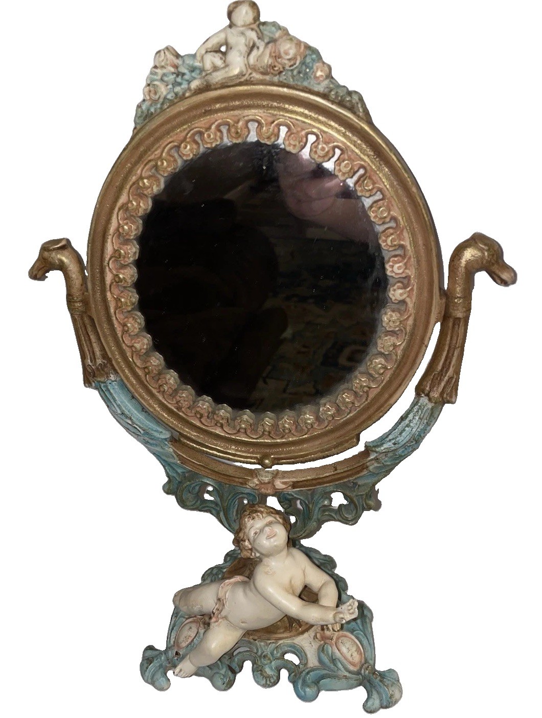 Vintage Vanity Mirror Cast Iron Art Swivel Victorian Heavy White Angel Ornate
