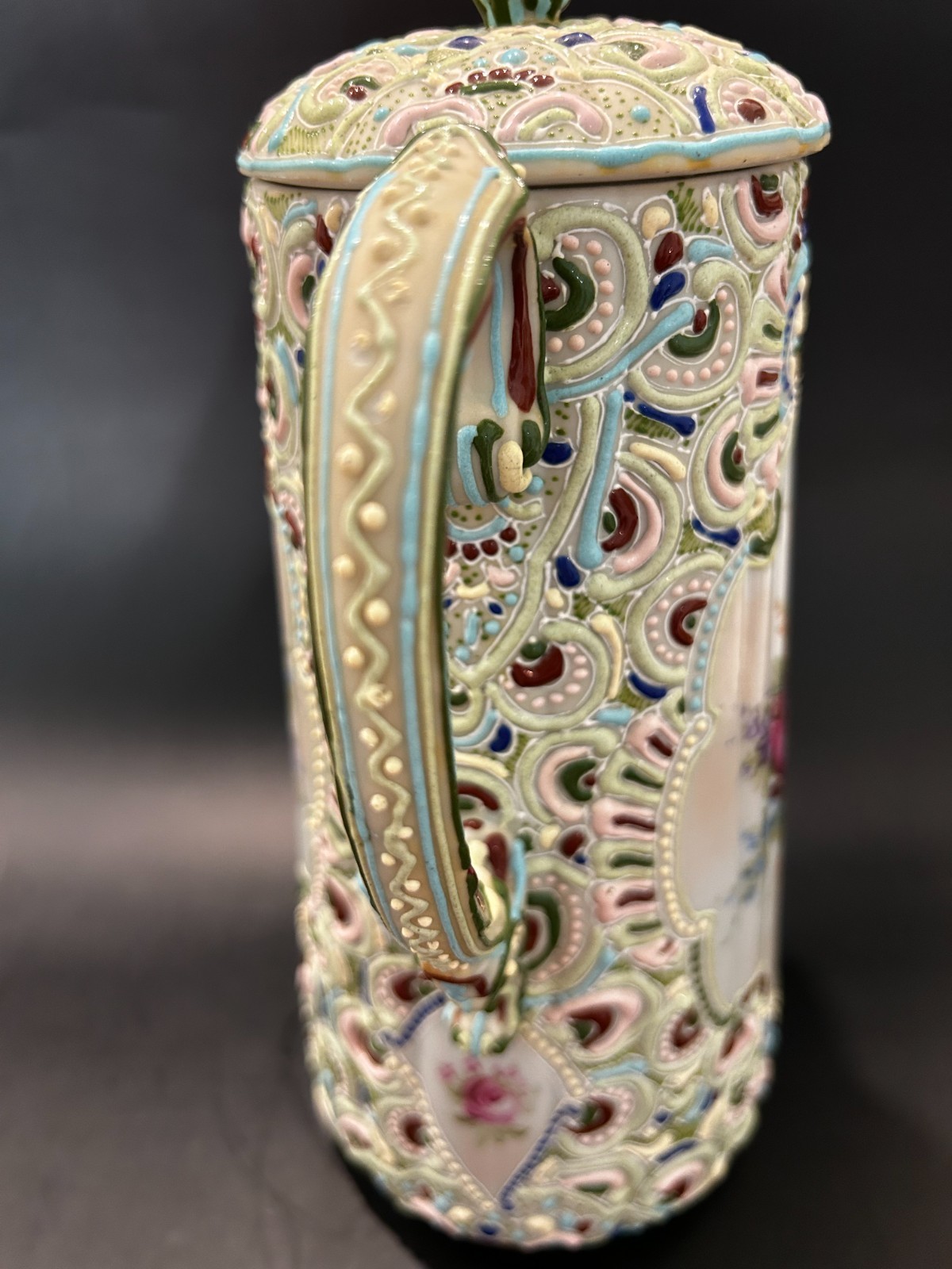 RARE Antique Nippon Jeweled Moriage Chocolate Pot FLUTED RIBBED Hand Painted 10″