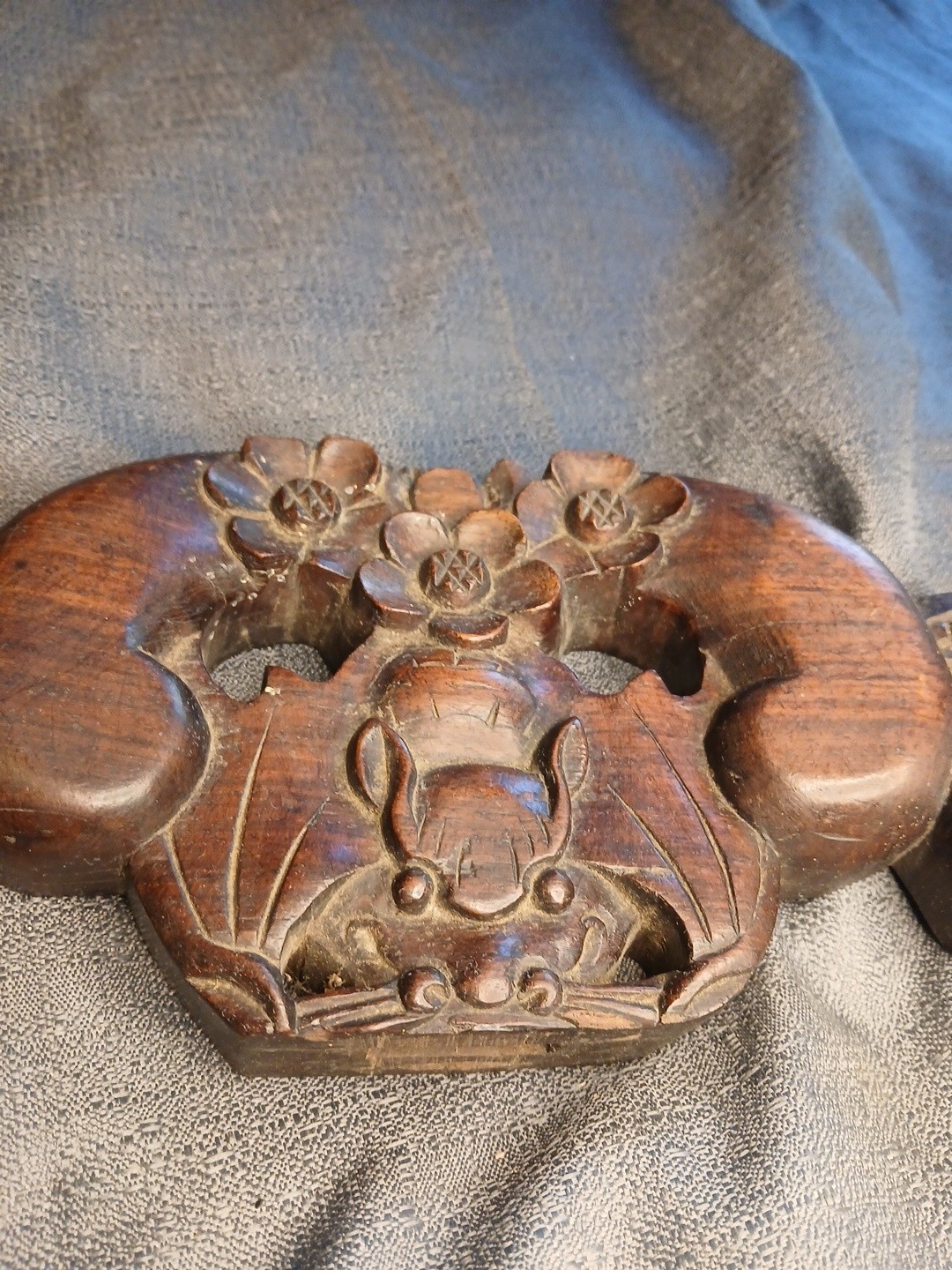 Antique Japanese Wood Carved Bat Lotus Architectural Salvage