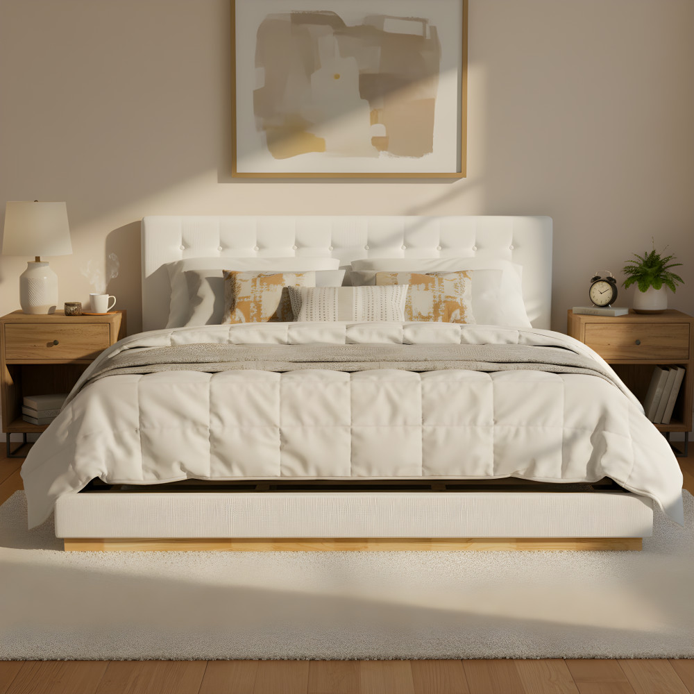 Solid Rubber Wood Platform Bed with Upholstered Headboard, Modern Tufted Design