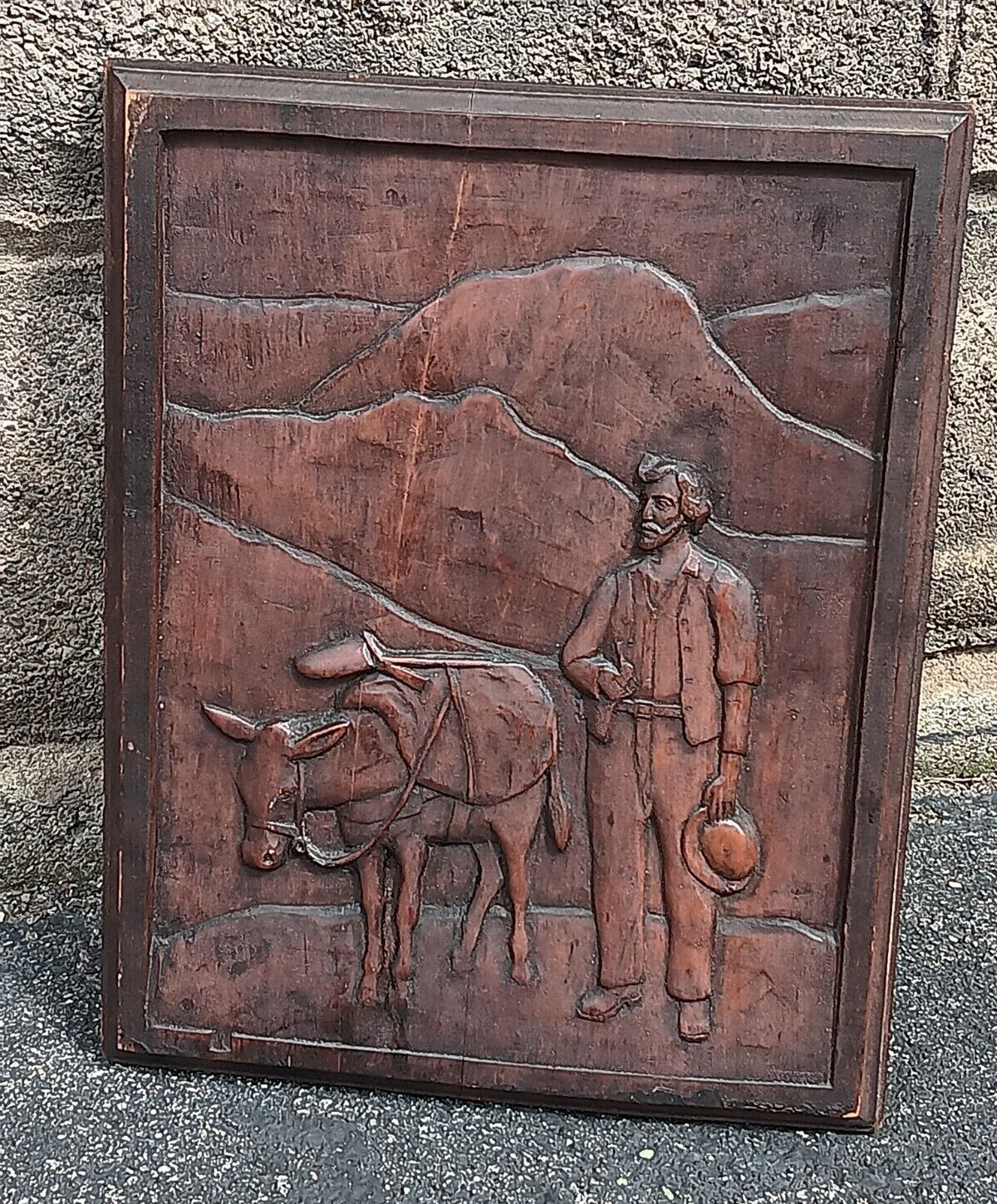 Hand Carved 3-D Plaque Miner Prospector w/ Mule & Shovel 1930’s WPA Era Folk Art