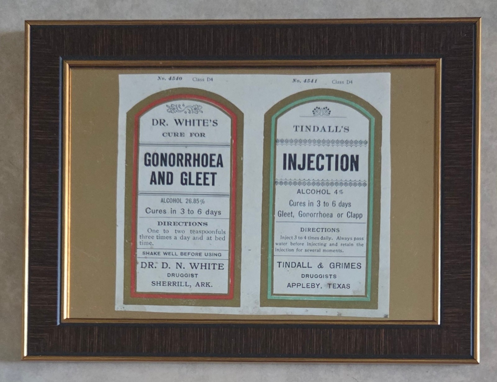 Framed 1890s Labels for Medication for Gonorrhea, Gleet & the Clap