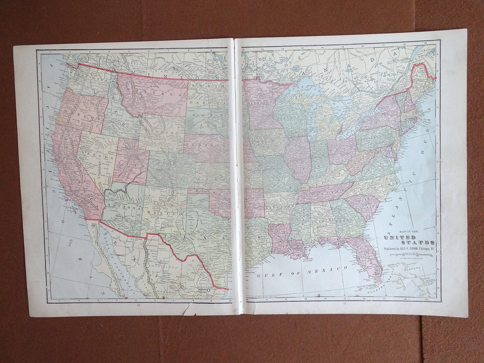 1907 MAP of UNITED STATES OF AMERICA USA, Original Engraving, George Cram Atlas