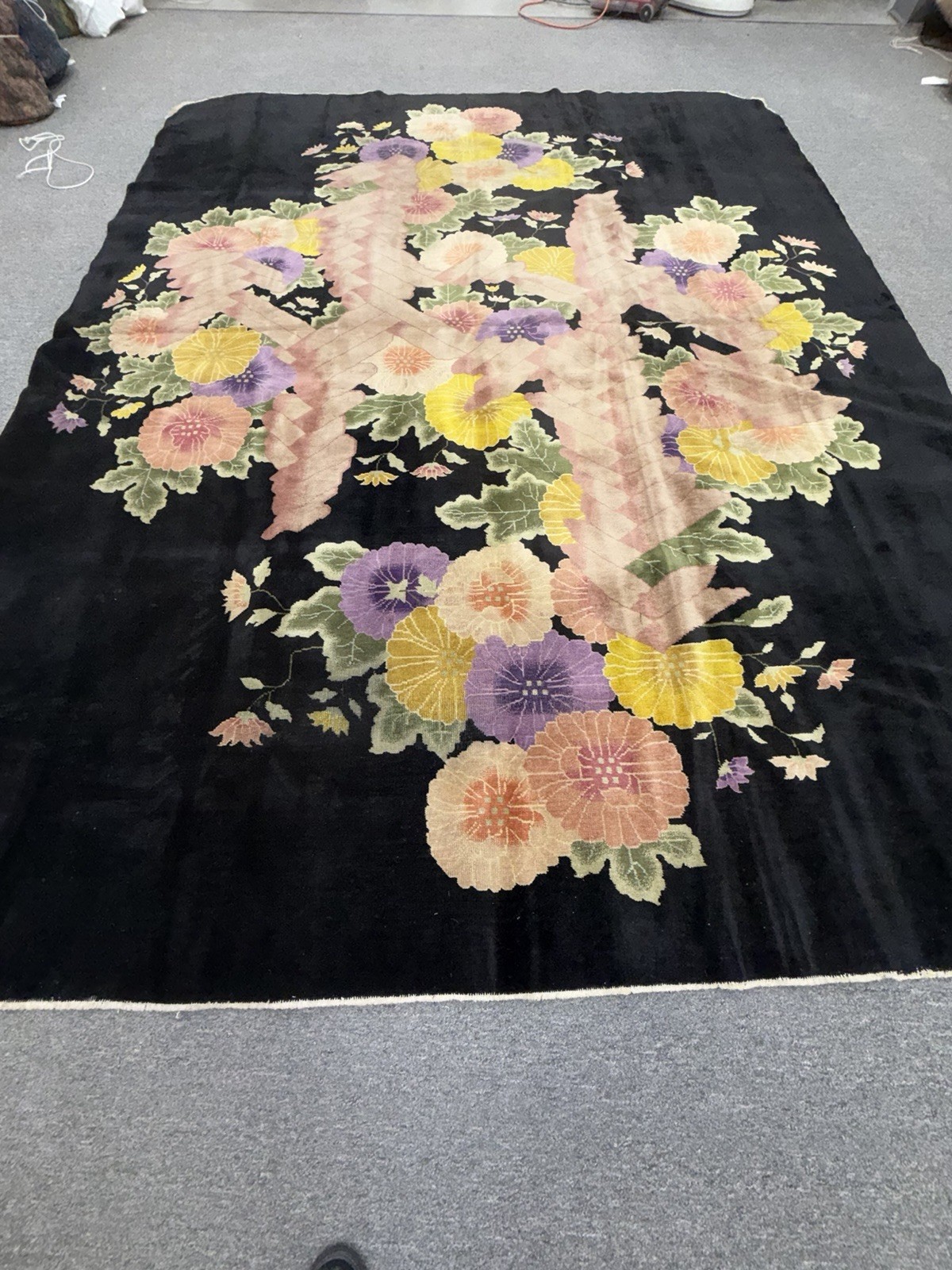 Vintage Chinese Art Deco Rug Nichols Carpet very beautiful black 8.8×11.0