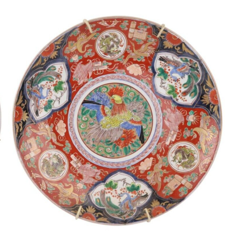 Japanese Late Meiji Imari Charger Rooster and Peacocks 15 3/4 Inch Diameter