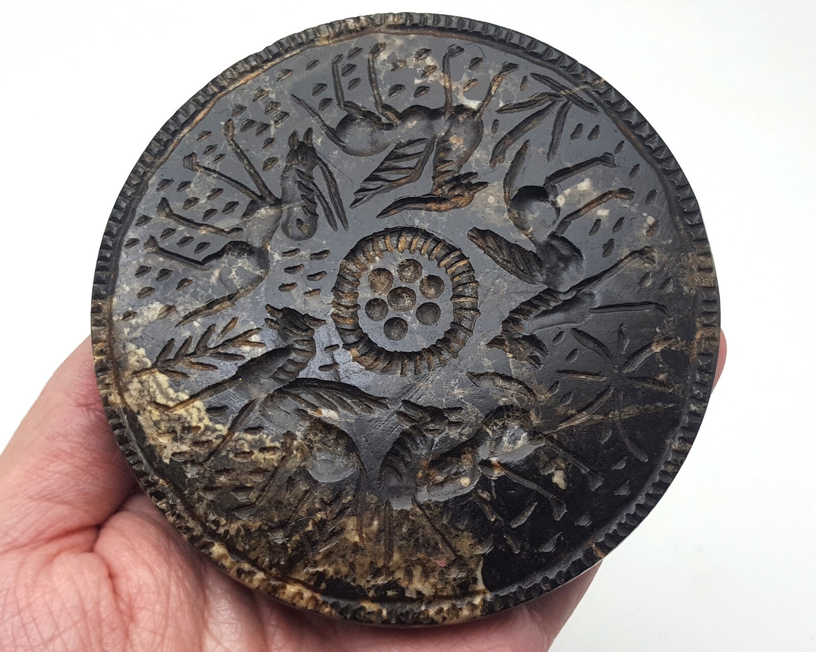 Collectable Near Eastern Intaglio Animals Carved Plate Mirror Decorated #CP332