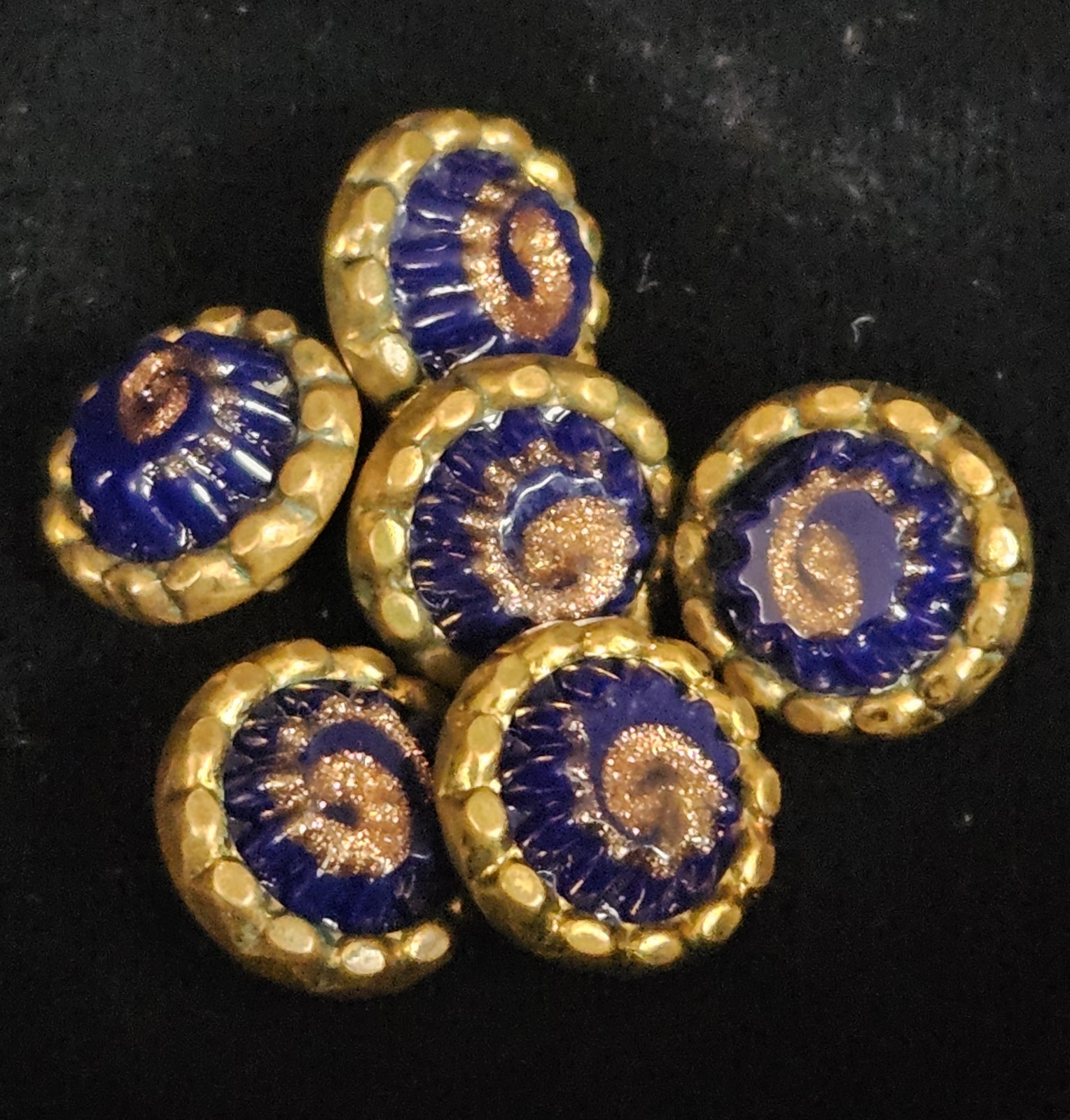 Antique Victorian Cobalt Blue Glass Brass Gold Aventurine Buttons Set Of 6