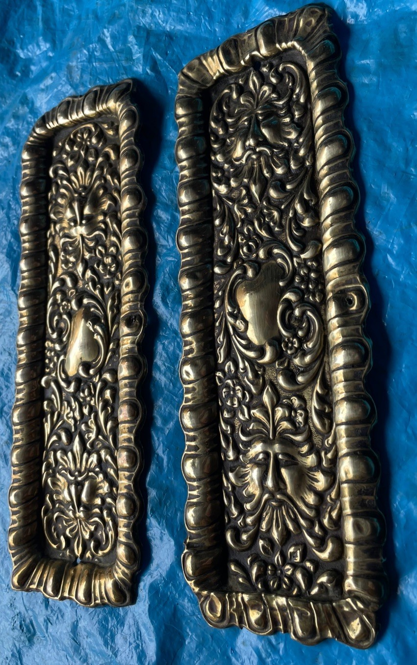 2 GREEN MAN Antique Reclaimed Brass DOOR Finger Push Plates 237x78mm ULTRA RARE
