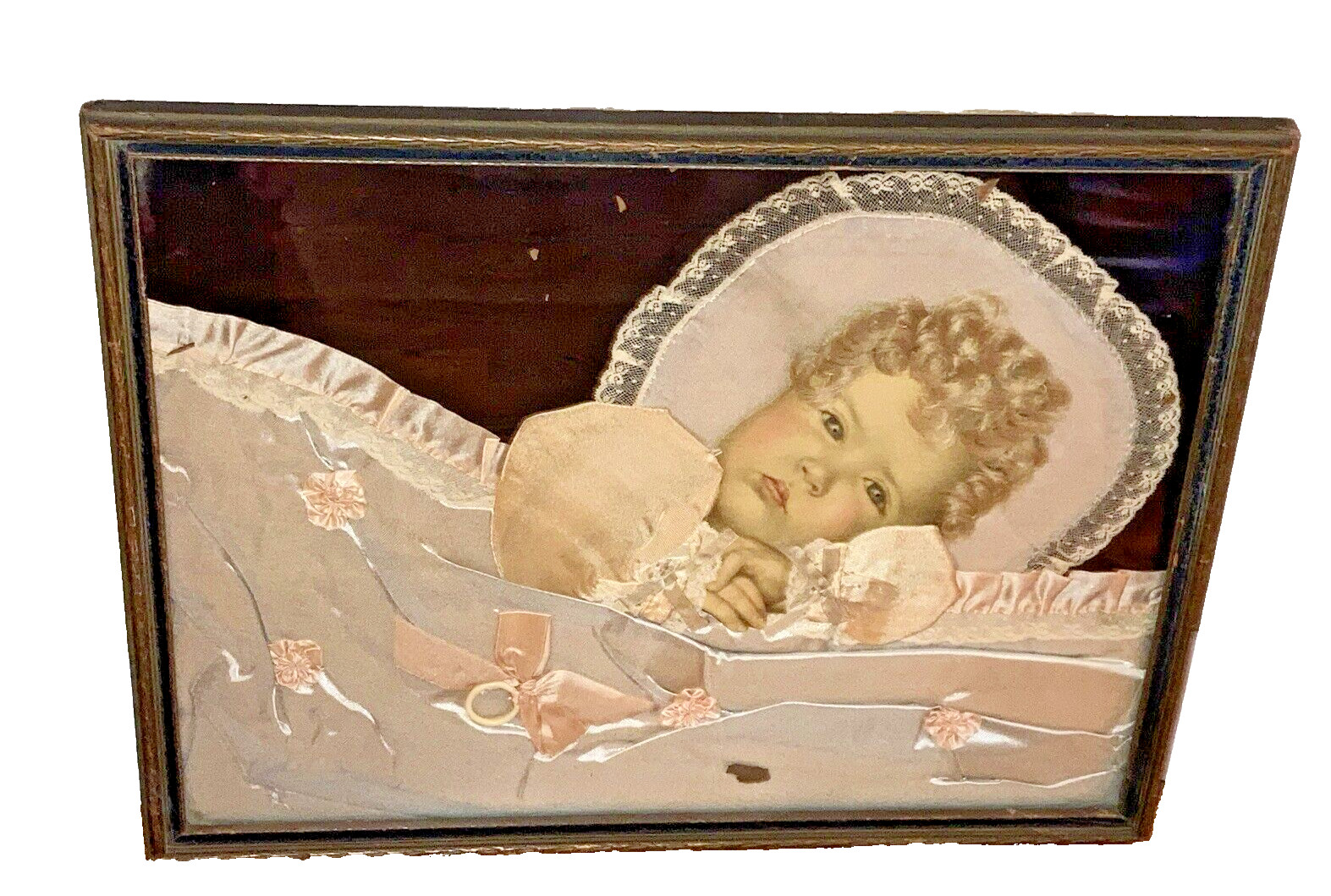 antique Victorian Mourning baby Memorial picture real blond hair lace bonnet
