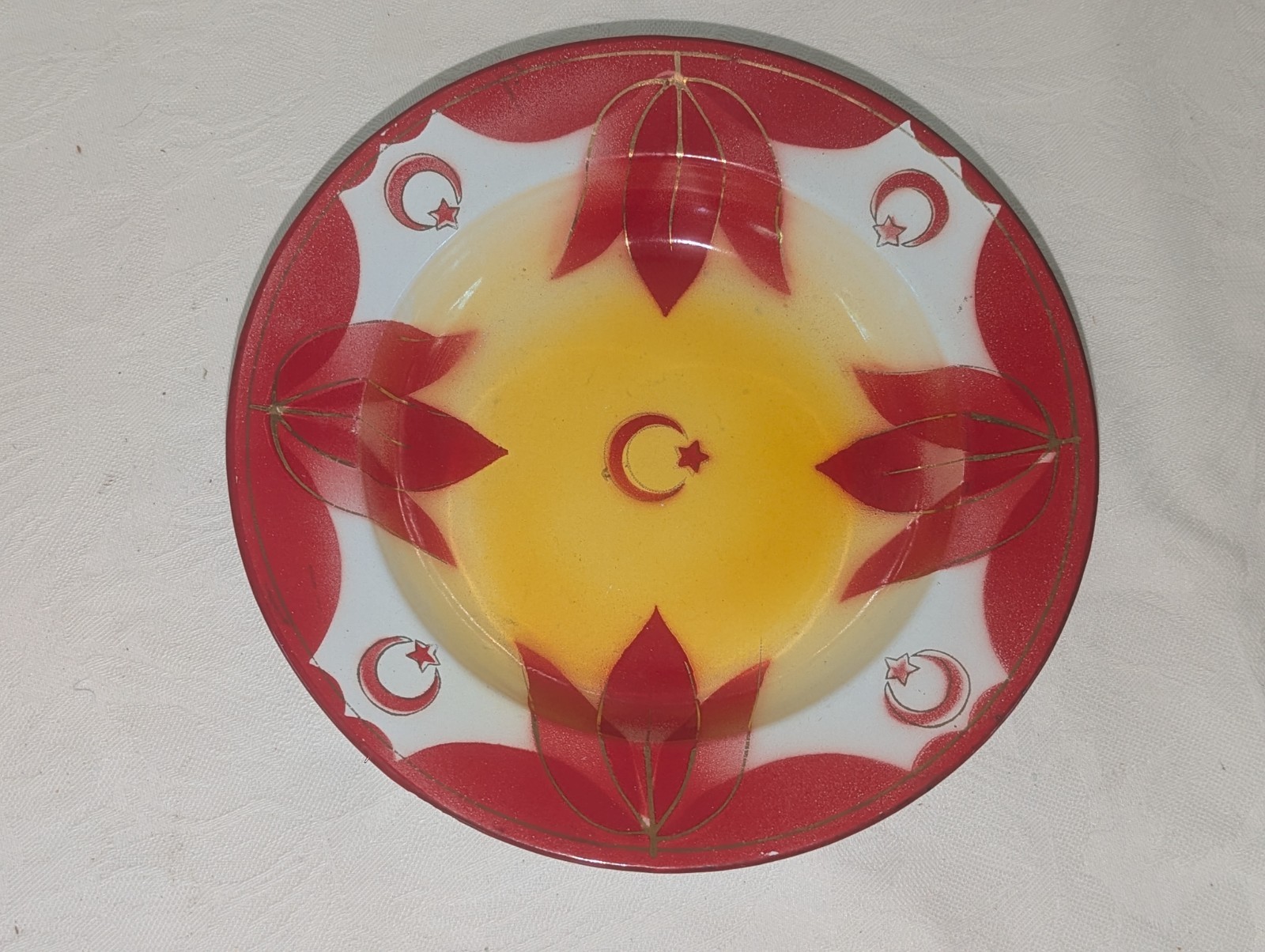 Vtg Antique Enamel Ware Bowl or Plate Crescent and Star Motif Russia Ukraine