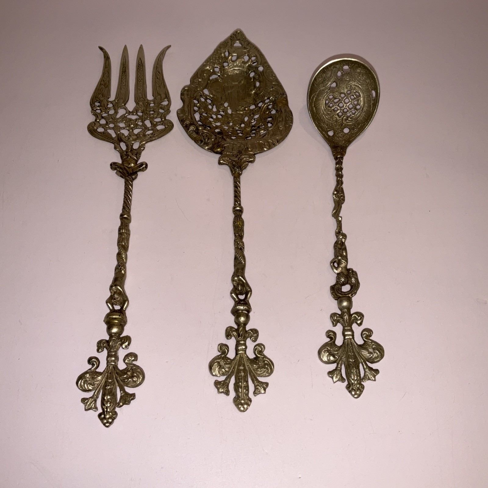 Vintage Montagnani Italy Serving Set 3pc Brass Silver Tone Pierced Spoon Fork