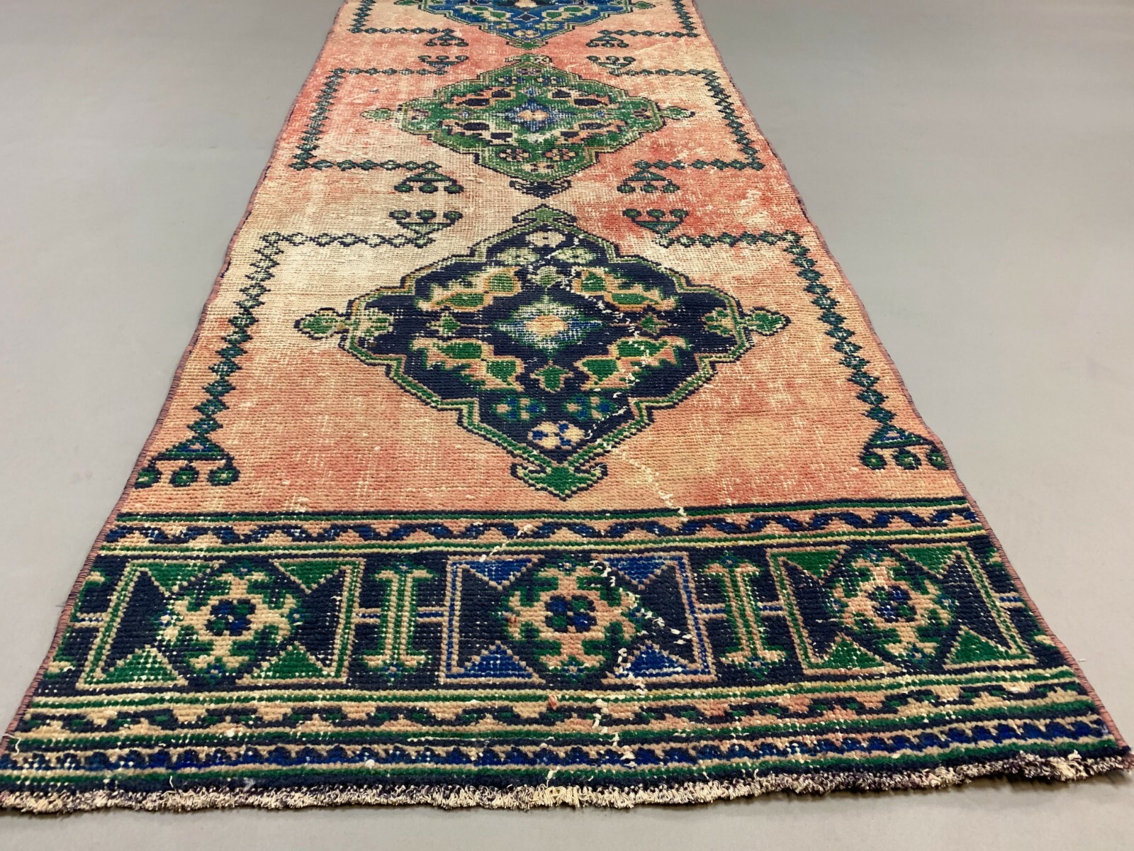 Distressed Turkish Runner 360×79 cm wool Vintage Tribal Rug Pink Green