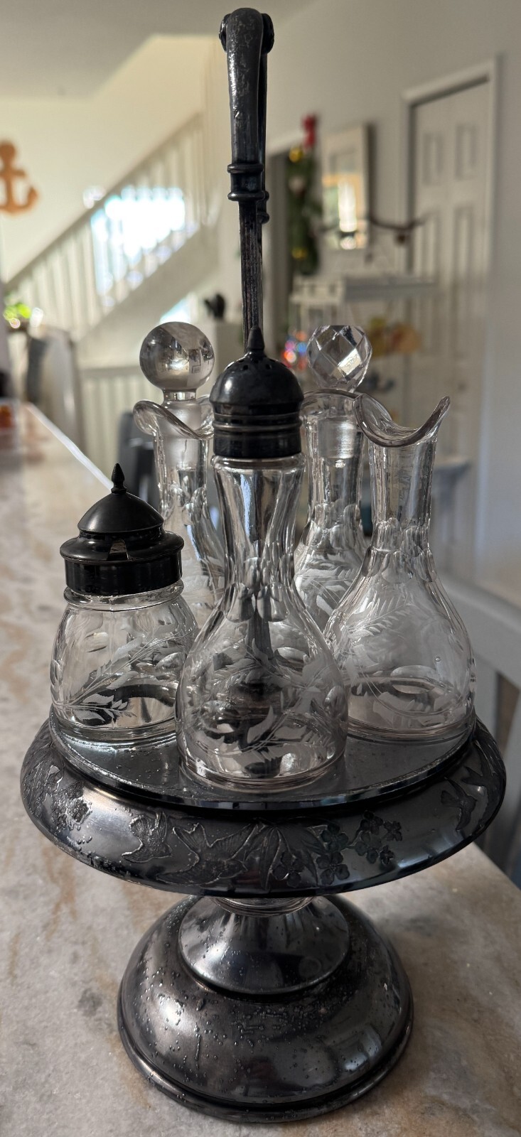 Victorian 5 jar condiment cruet Castor set, cut etched glass plate metal