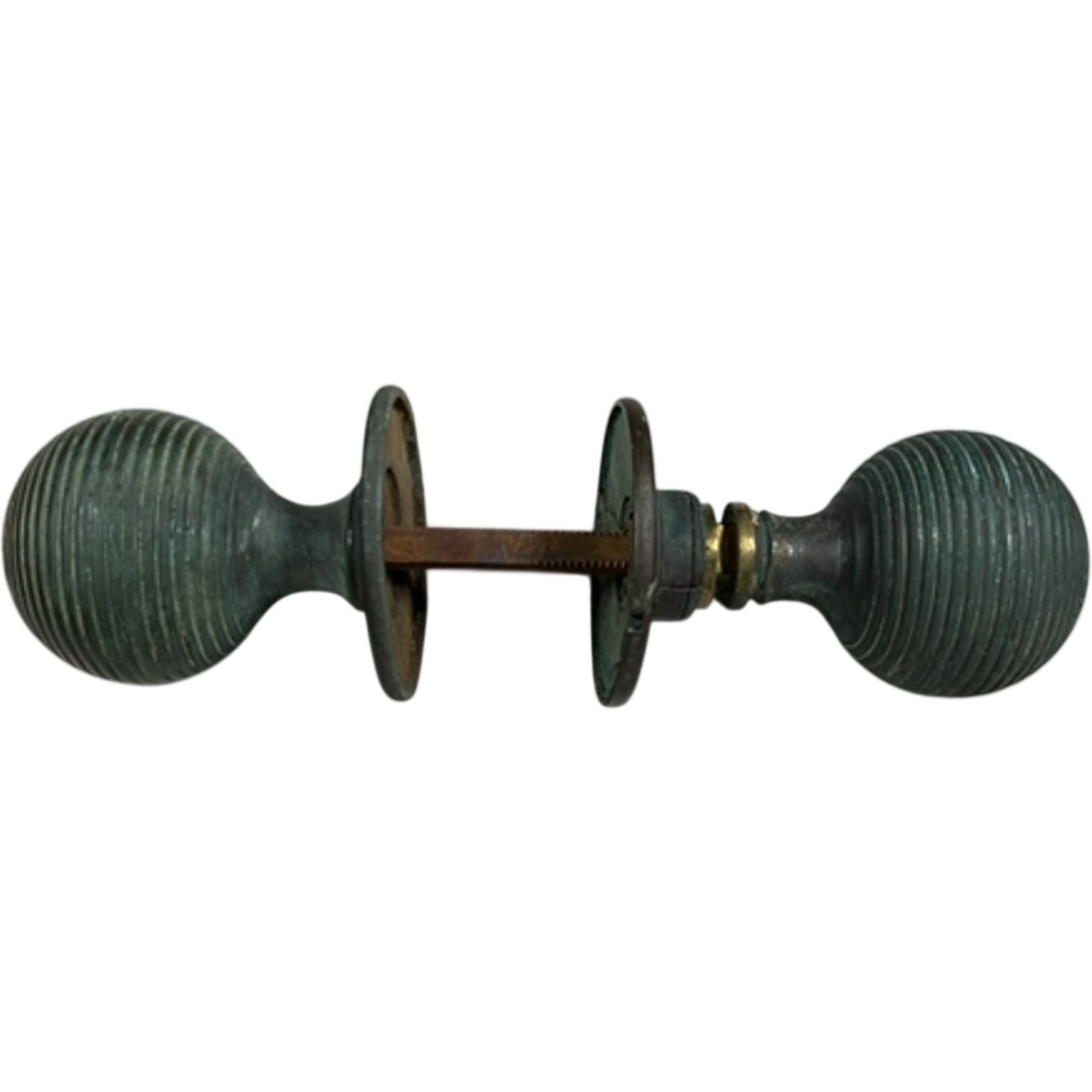 Antique Victorian Brass Beehive Door Knobs Pair Reeded Bronze Patina Original