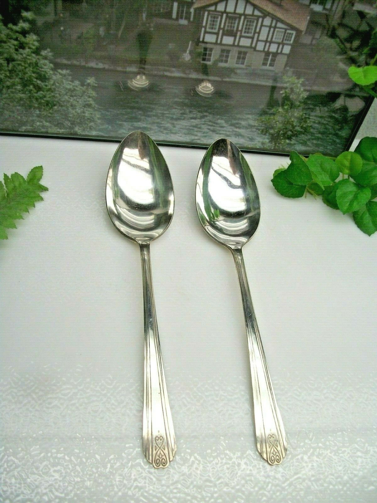 2 Vintage National Silver MODERNE Silverplate Solid Serving Spoons 1940