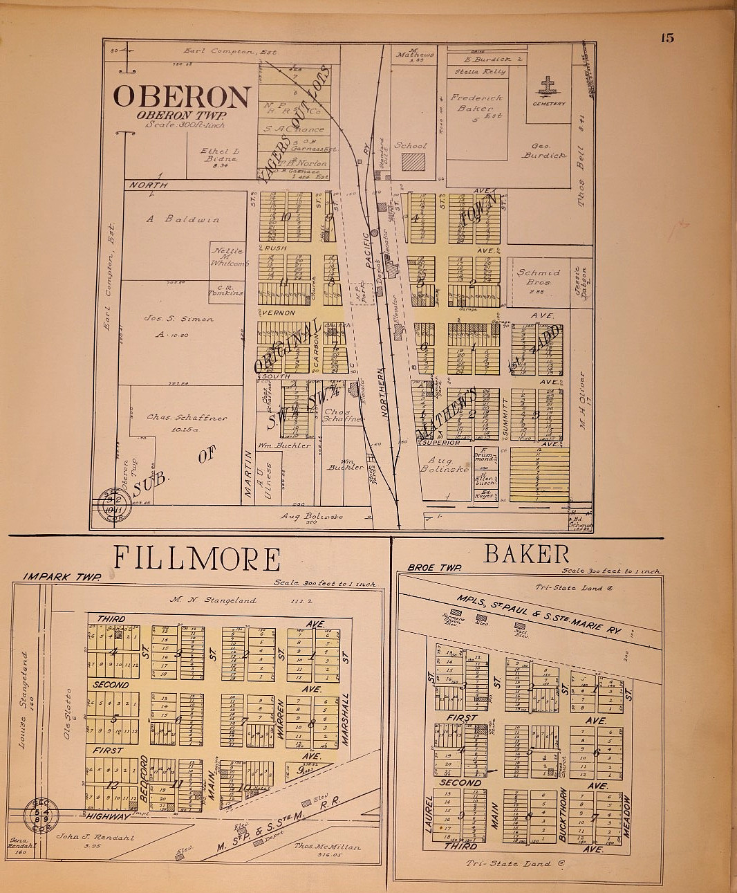 1929 Plat Map OBERON – FILLMORE, BENSON Co., NORTH DAKOTA / ESMOND on Reverse