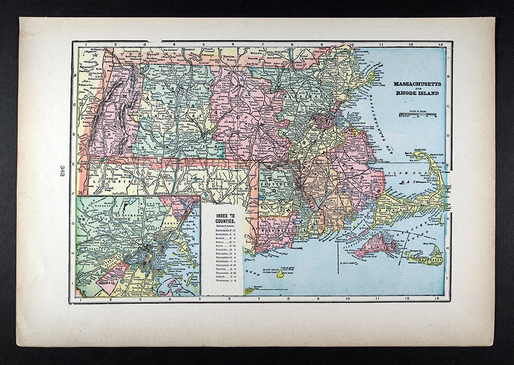 1899 Georg Cram Map Massachusetts Rhode Island Cape Cod Plymouth Salem Newport