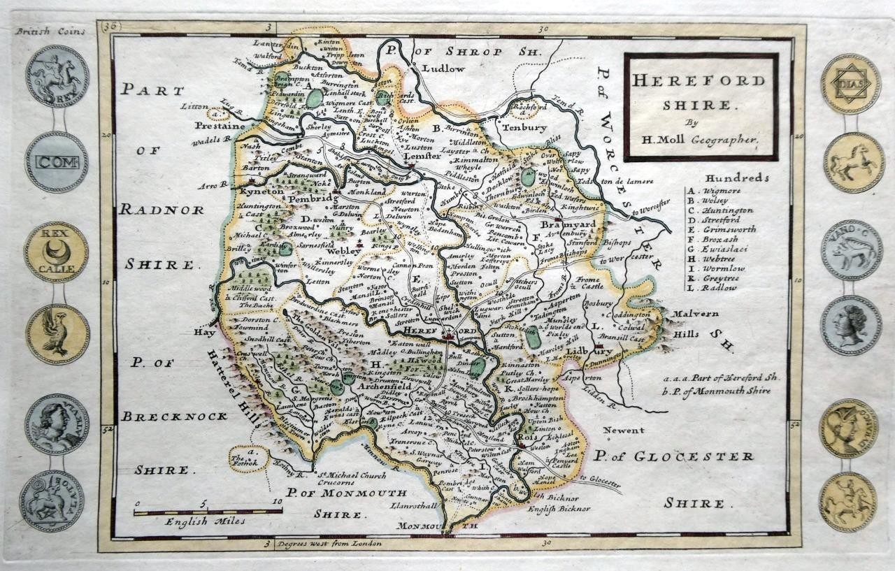 HEREFORDSHIRE BY HERMAN MOLL c1724 ORIGINAL ANTIQUE COPPER ENGRAVED MAP