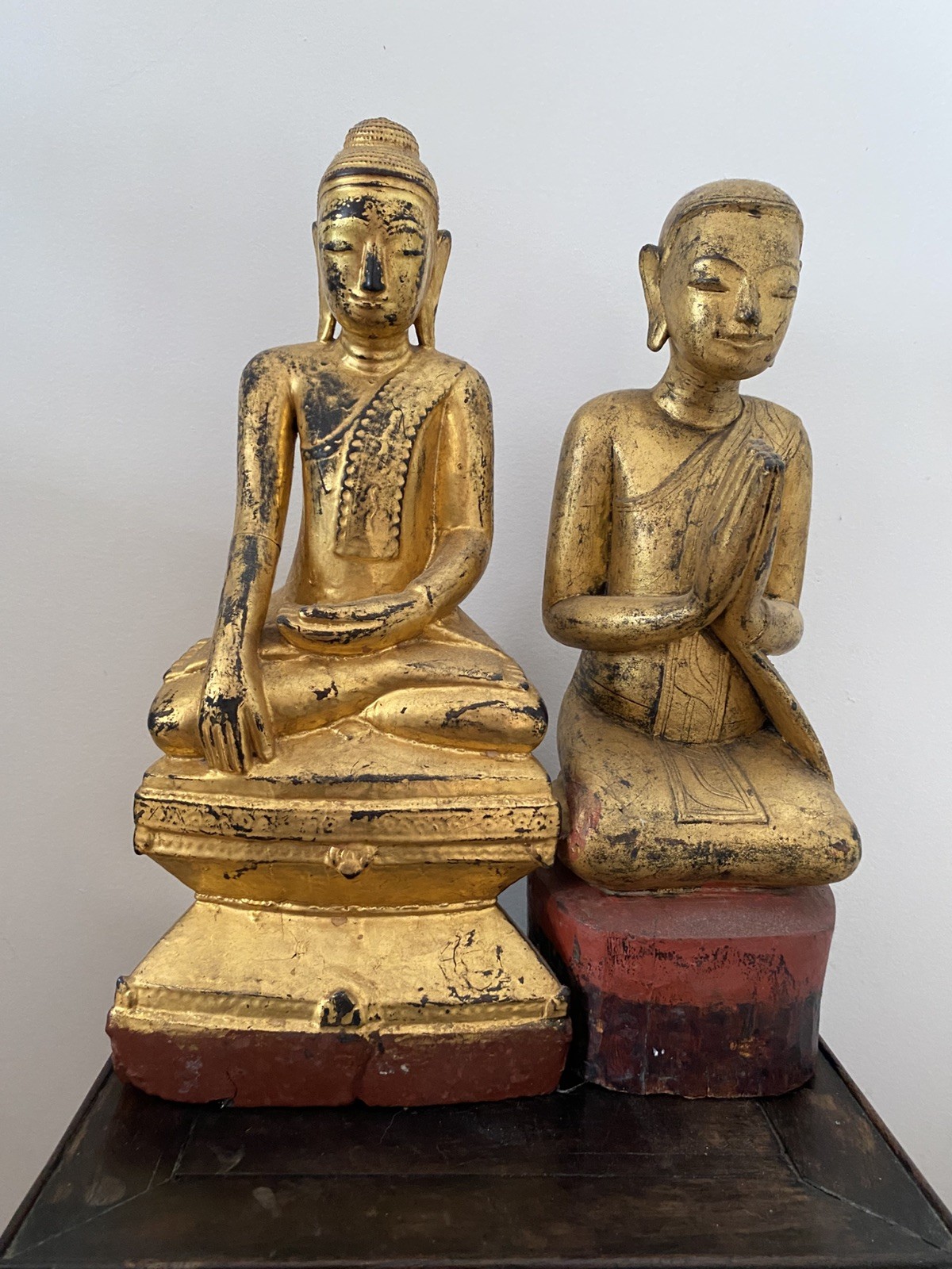 Pair Antique Buddha Carved Gilt Figures Statue SE Asian Buddhist Monk Lotus Gold