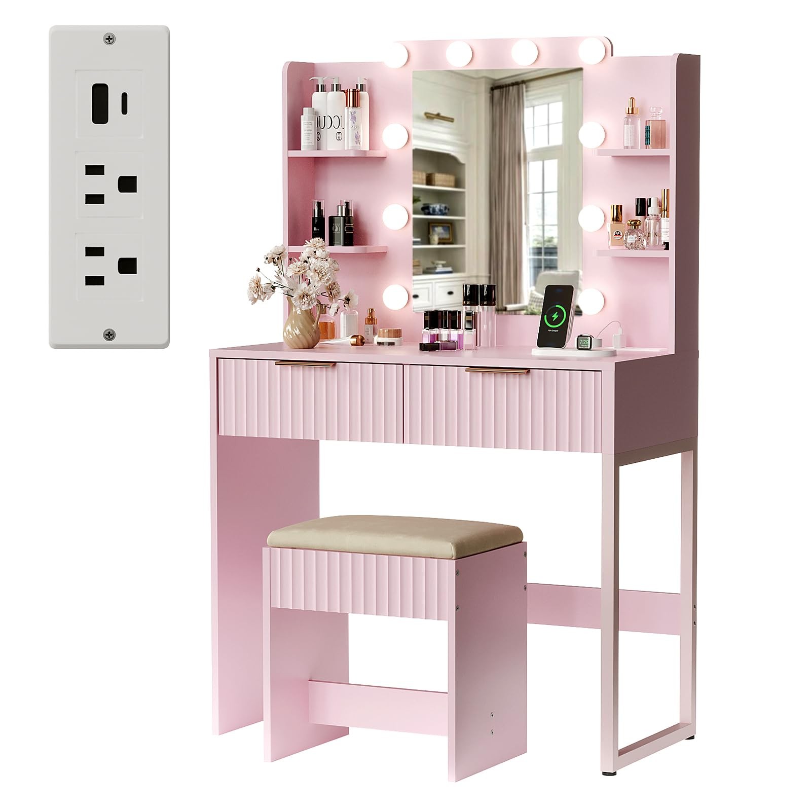 VINGLI Fluted Makeup Vanity Desk with Mirror & Lights & Power 33in, Pink
