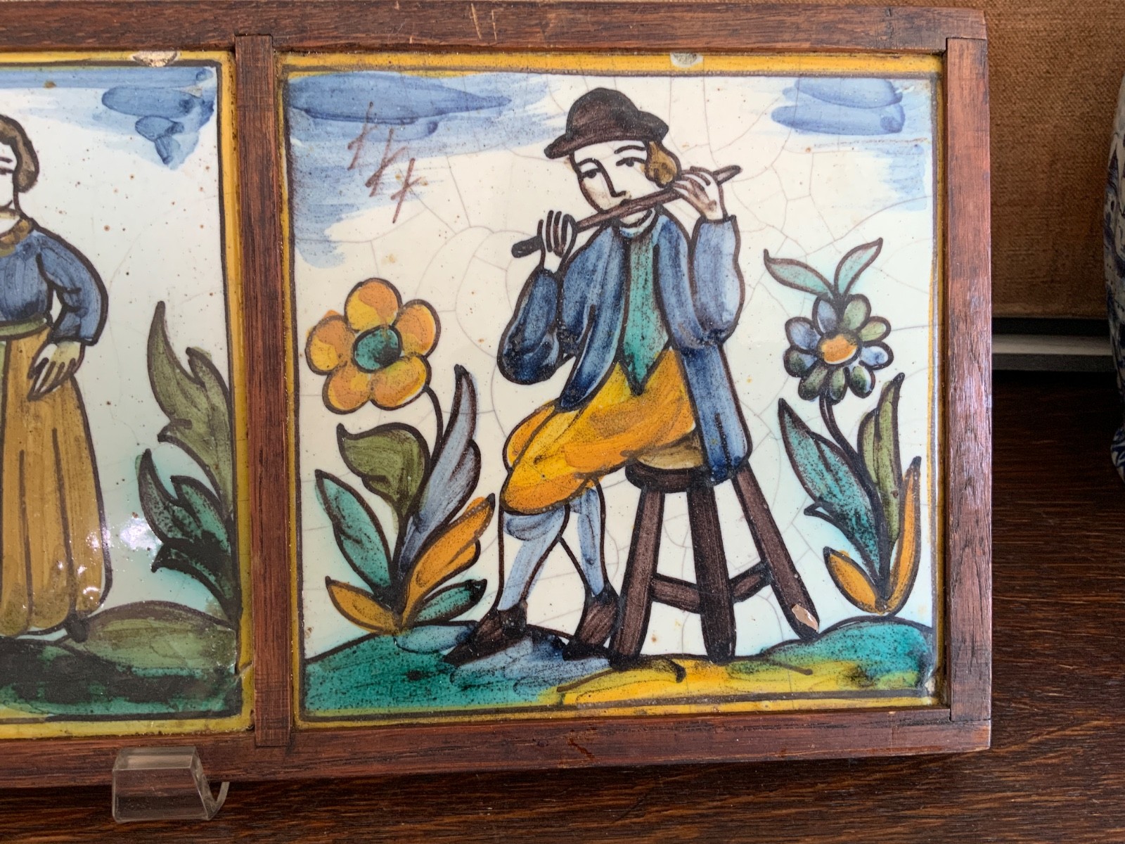 French Antique Hand Painted Faience Tiles Set/3 Framed Circa 1920