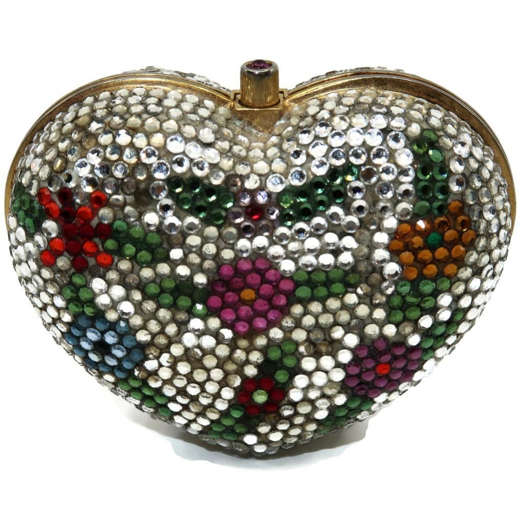 Judith Leiber Italy Crystal Gold-Plated Sterling Heart Pill Ring Trinket Box, 2″