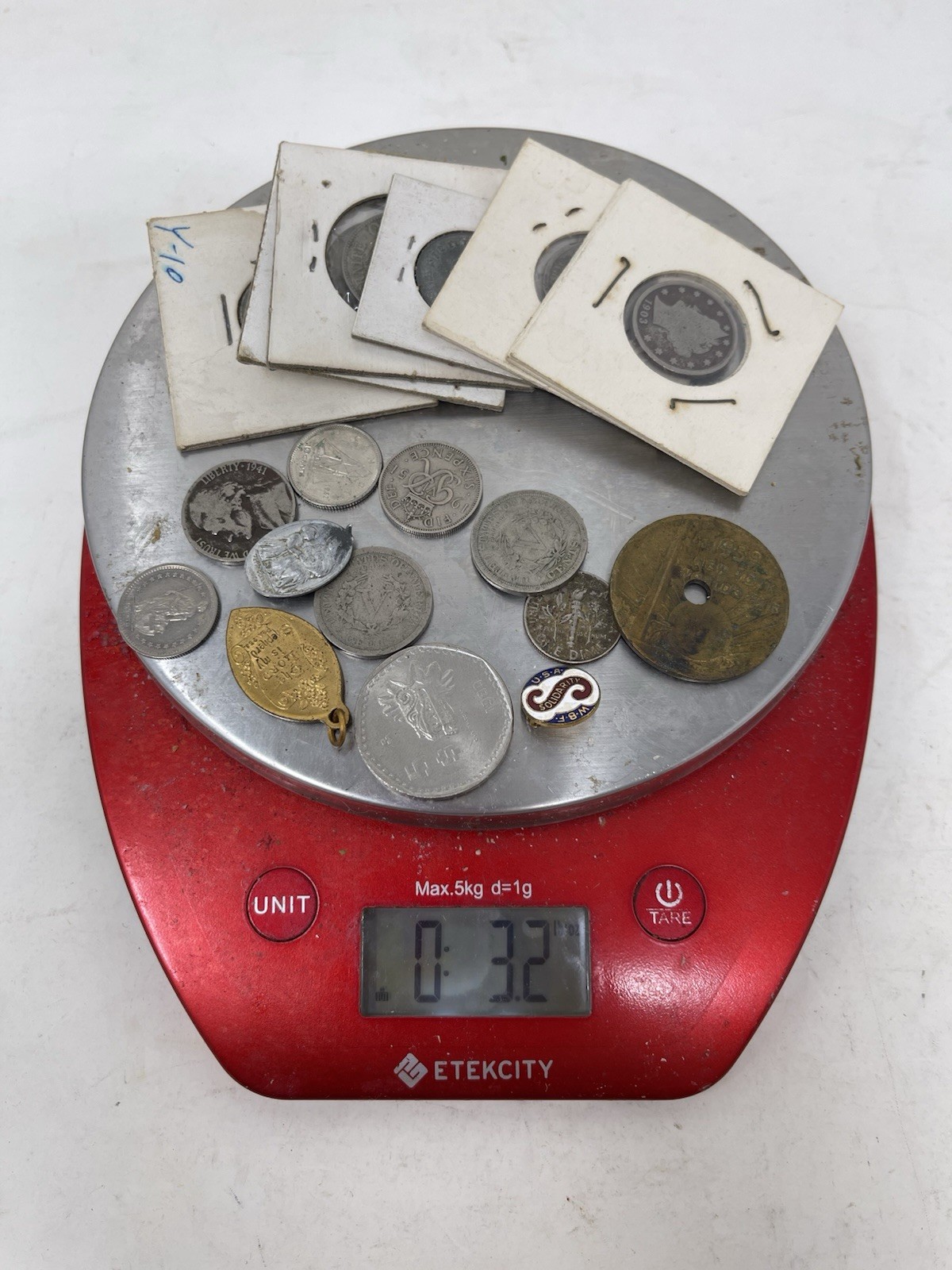 Lot Of Old Silver Coins, Tokens And Pins Etc.