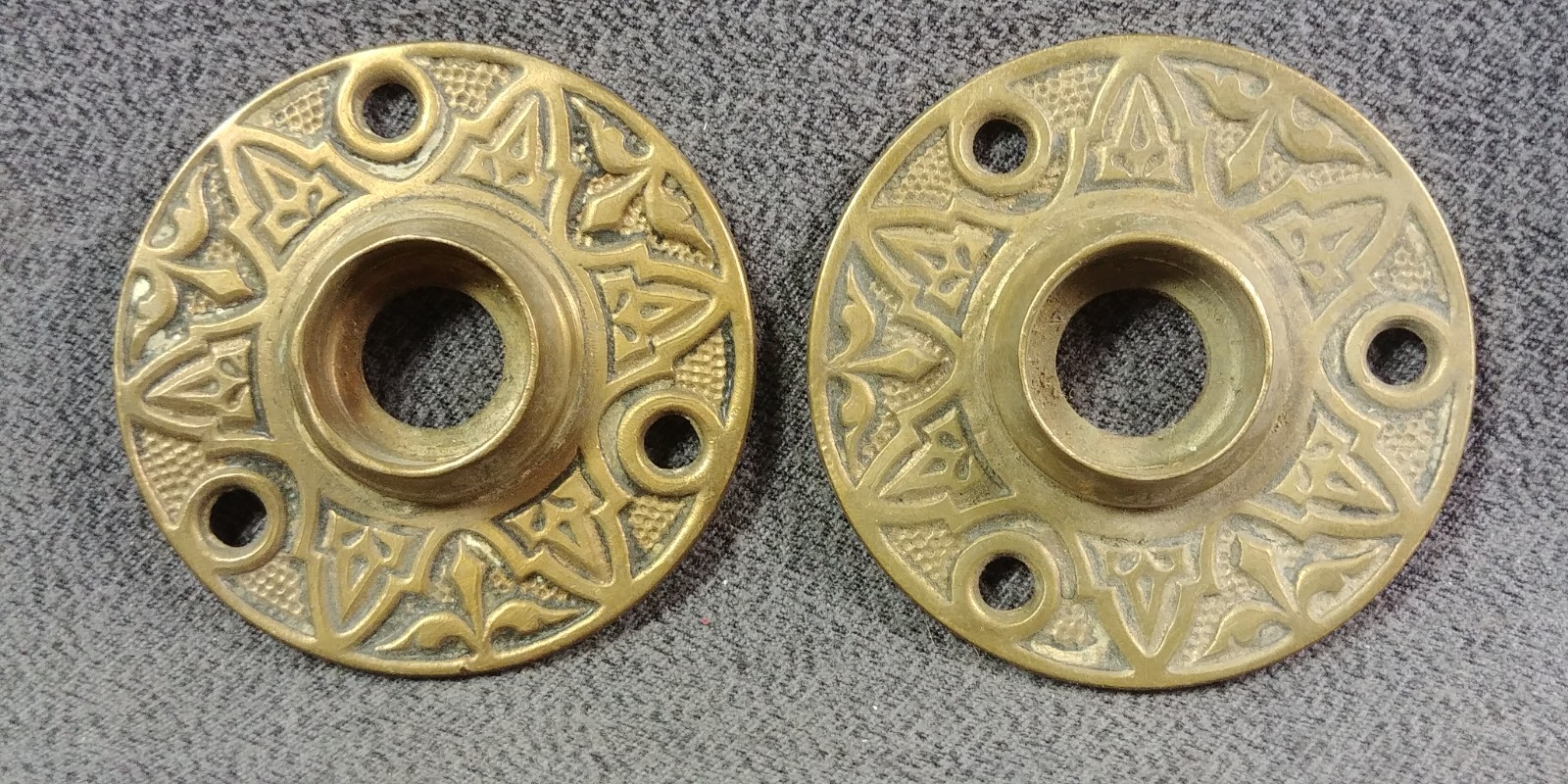 2 Star Victorian Brass Rosette Doorknob Backplate Eastlake Antique Hardware Lot