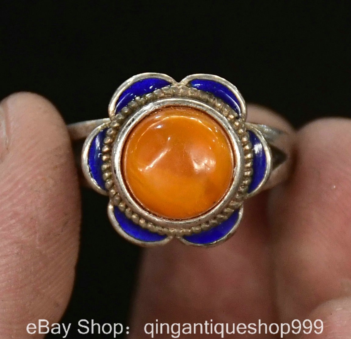 1.2″ Old Chinese Copper Enamel Inlay Yellow Gem Flower Pattern Jewelry Ring