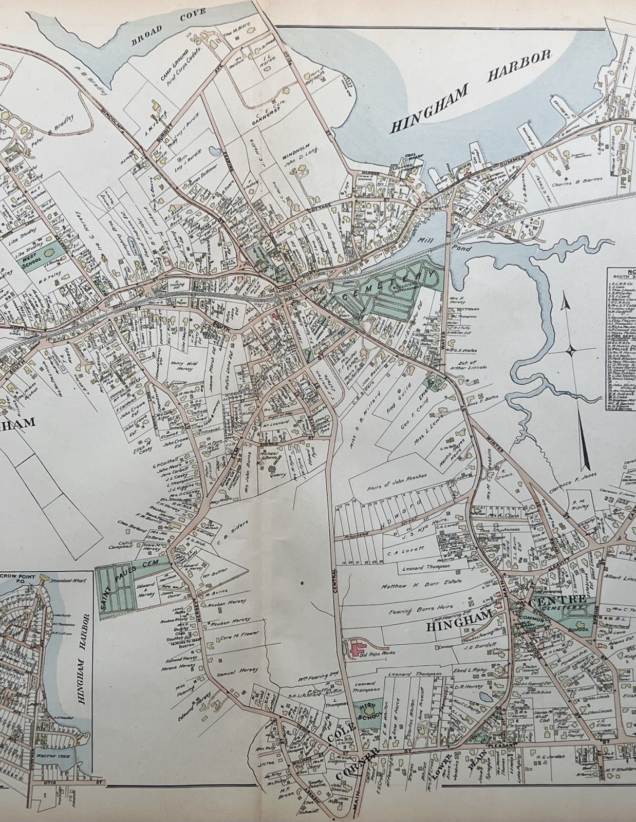 Orig 1903 Hingham Map,Centre,Harbor,Mill Cushing Pond,Broad Cove,Crow Pt,MA Mass