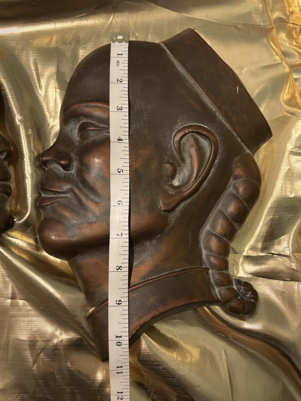 1950s Wall Hanging 3D Busts Copper Coated Chalkware Signed/Dated Asian Man&Woman