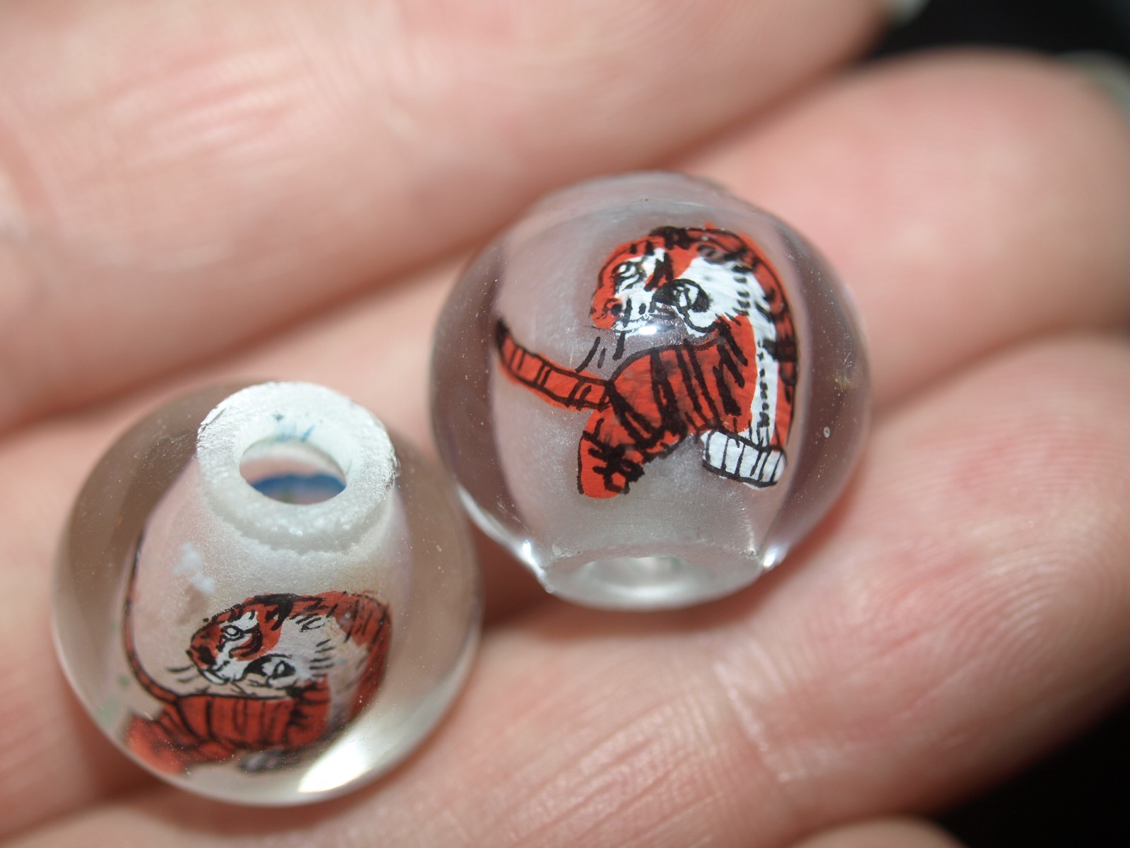 Pair of Vintage Chinese Reverse Painted Glass Beads Tiger 15mm Round