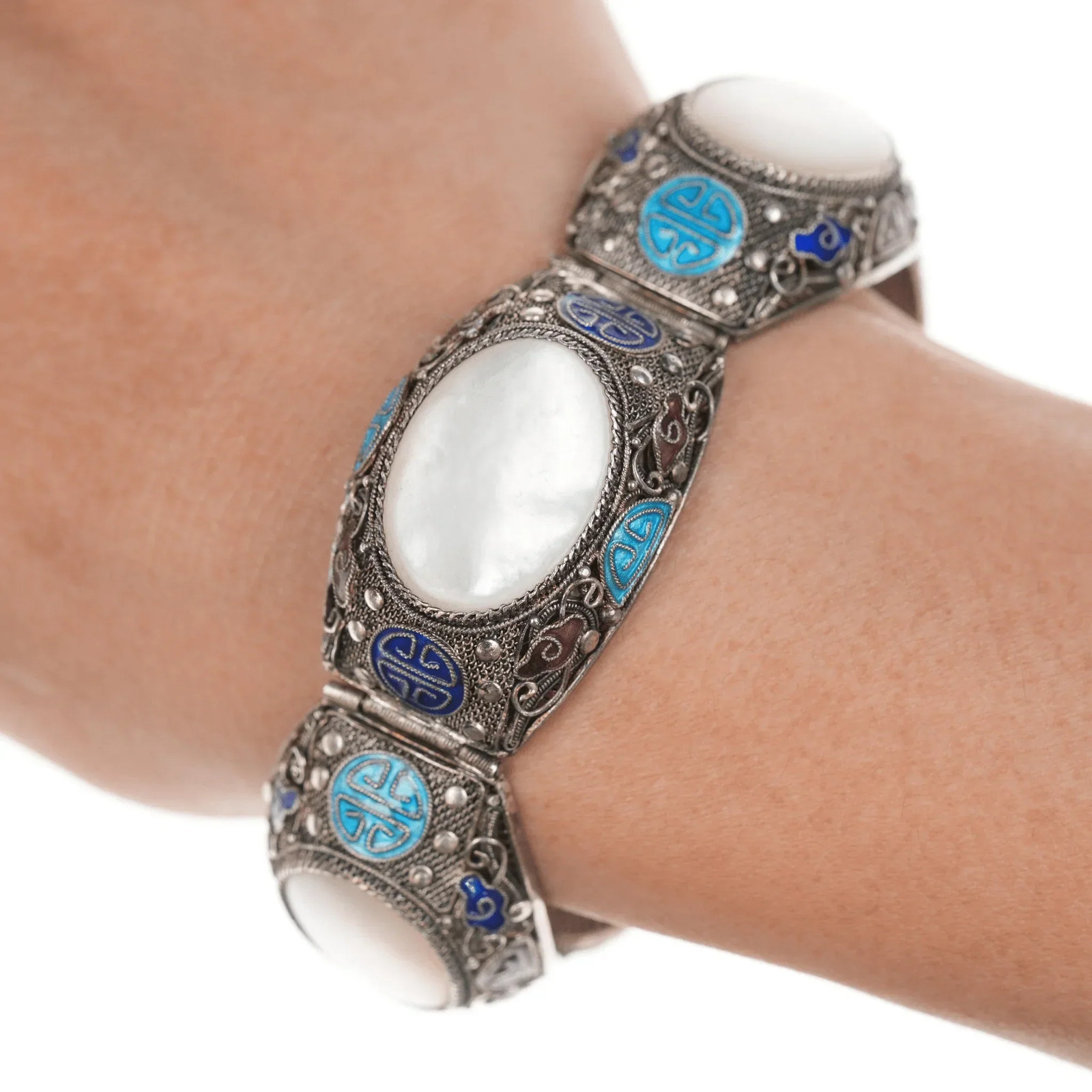 6.87″ Vintage Chinese sterling silver enamel filigree Mother of pearl link brac