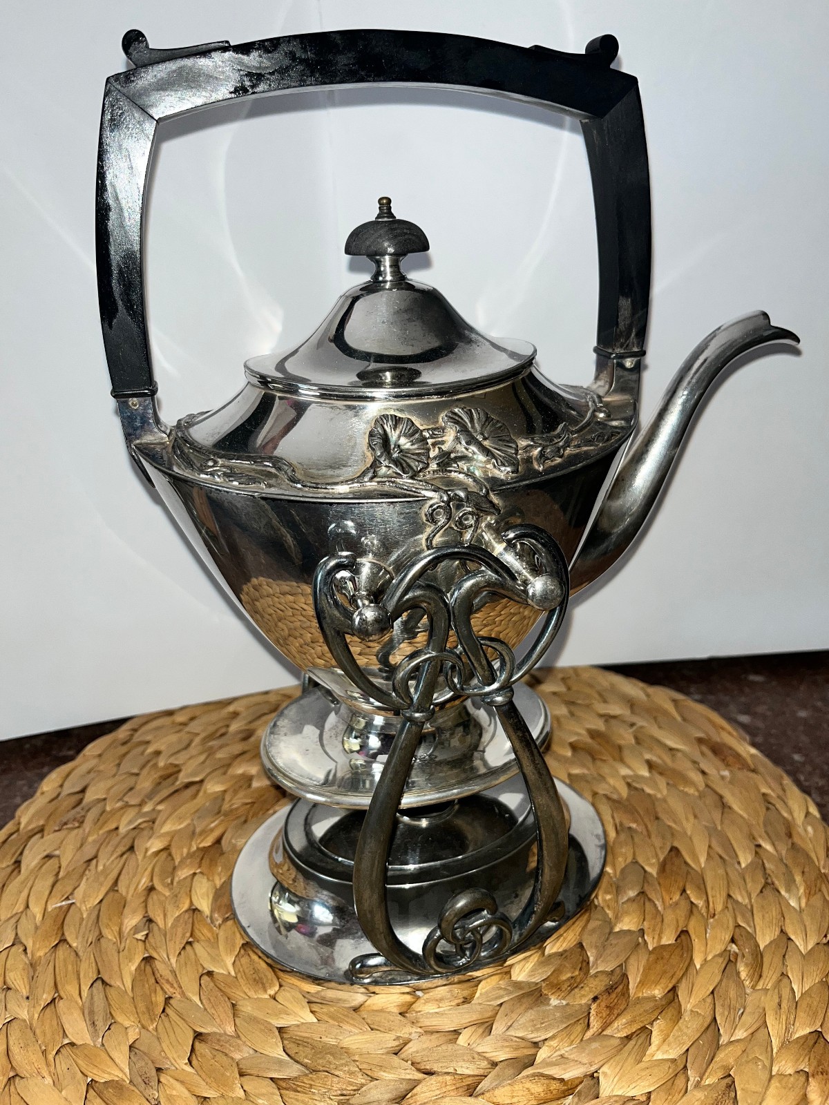 Antique Art Nouveau Silver Plated Tilting Tea Kettle on Stand 4600 model