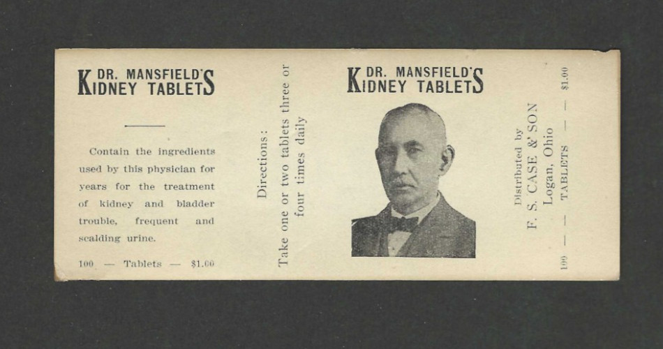 Old Gummed Quack Medicine Label Dr Mansfield’s Kidney Tablets Case Logan Ohio