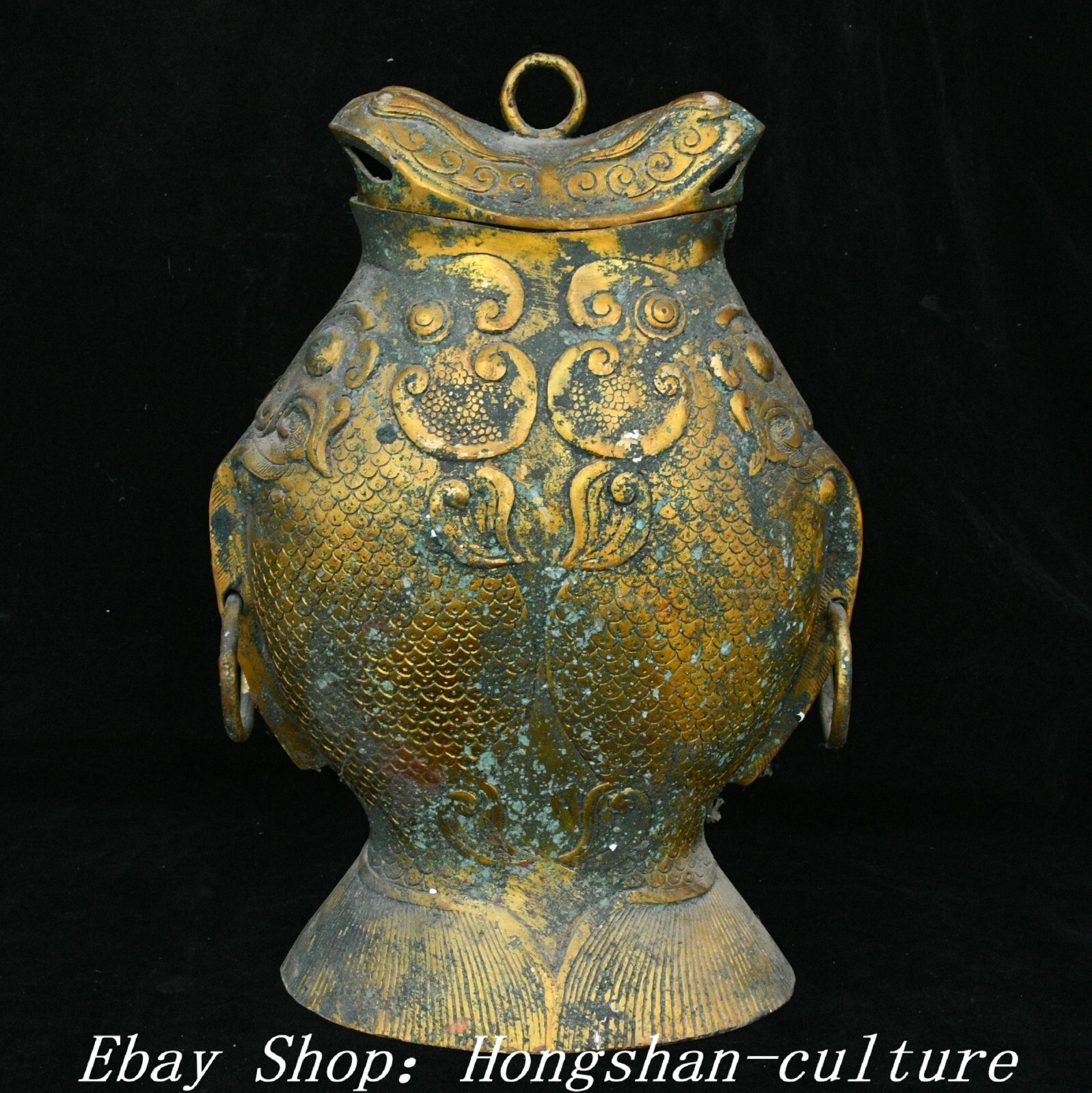 12.5” Old Dynasty Bronze Ware Gold Fish Goldfish Fishs Animal Bottle Vase