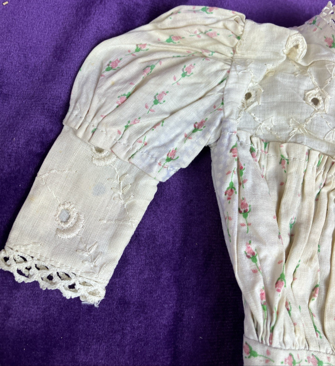 Antique Edwardian Doll Dress Micro Roses Cotton C 1900
