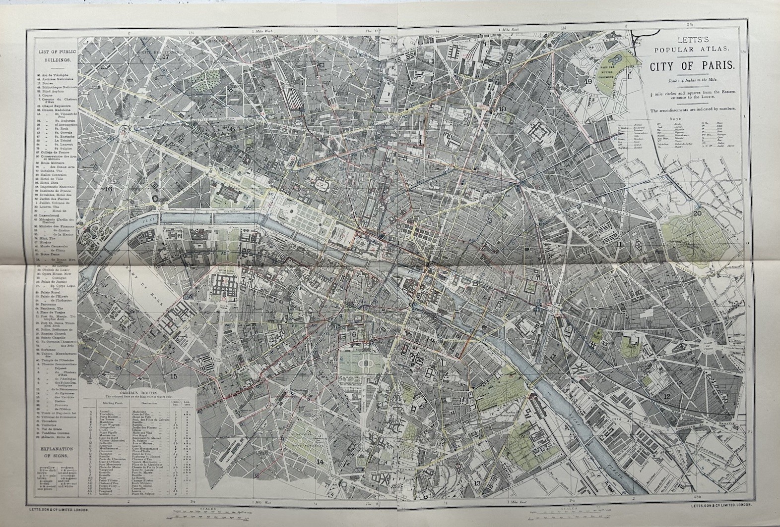1883 Paris Large Original Antique Colour City Plan by Letts 65 cm x 43 cm