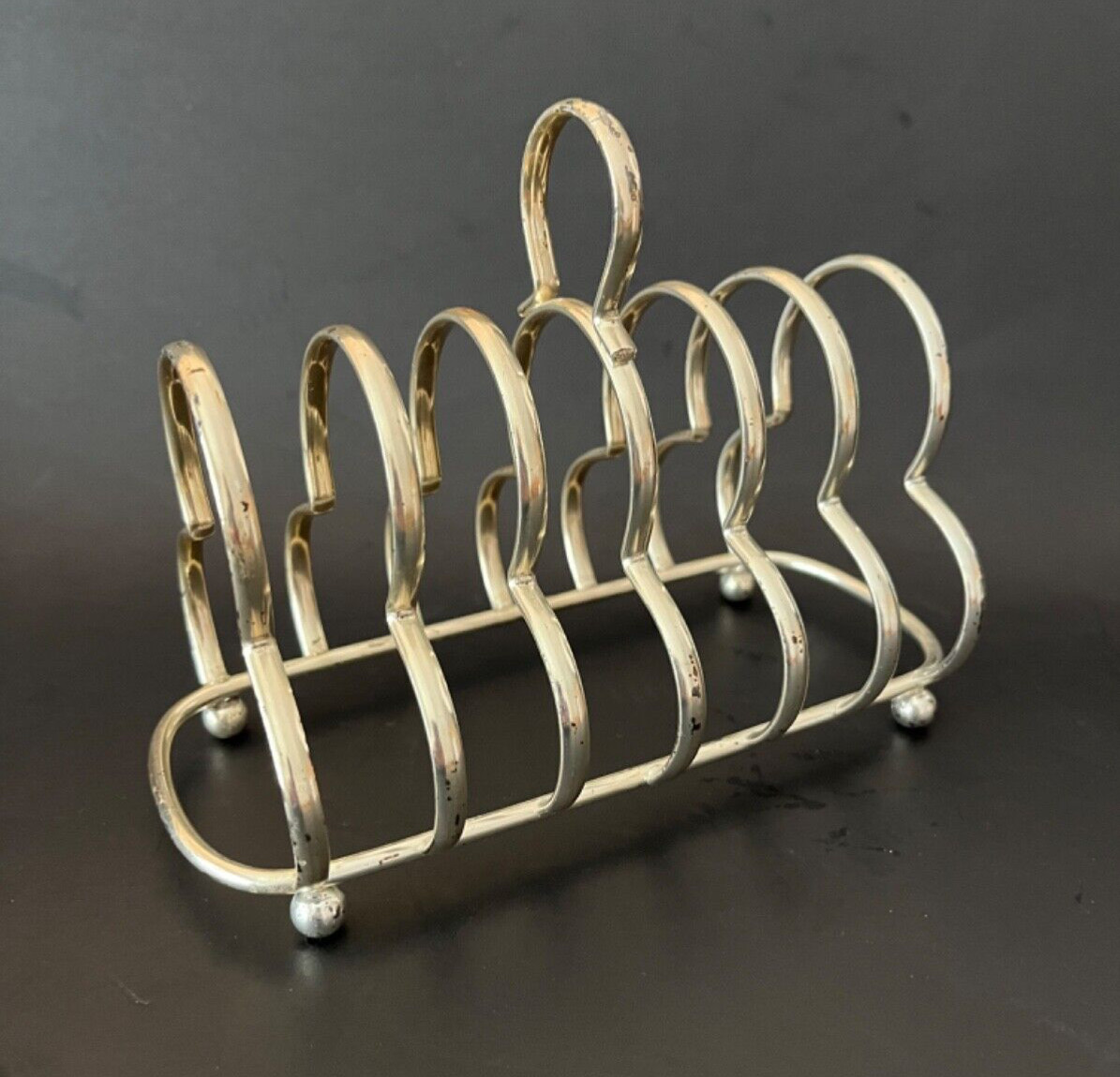 Vtg Silver-Toned Toast Rack Ball Footed 6 Slice Loop Handle