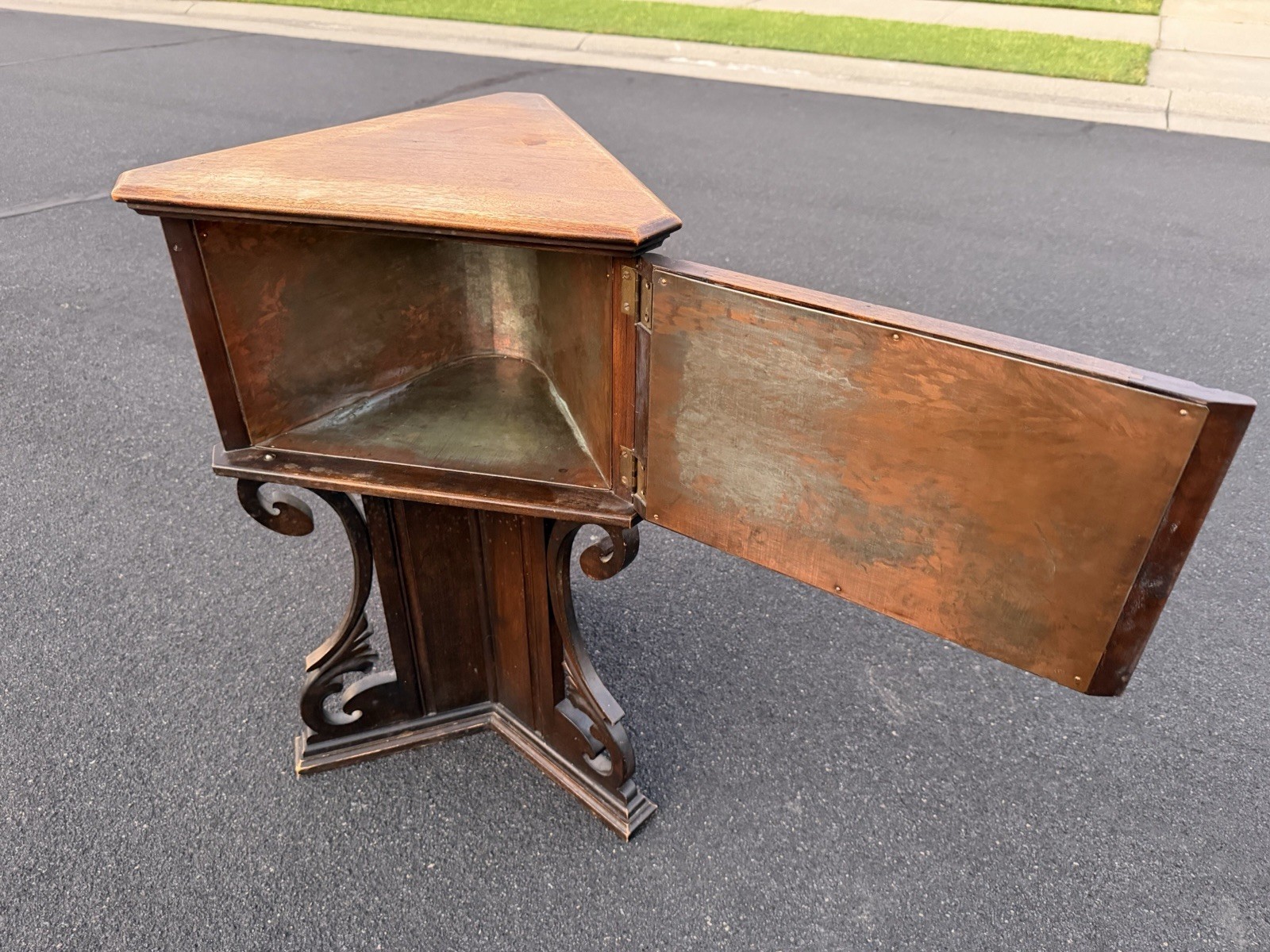 Triangular 1920 American Carved Chairside Table Humidor Smoking Stand Copper