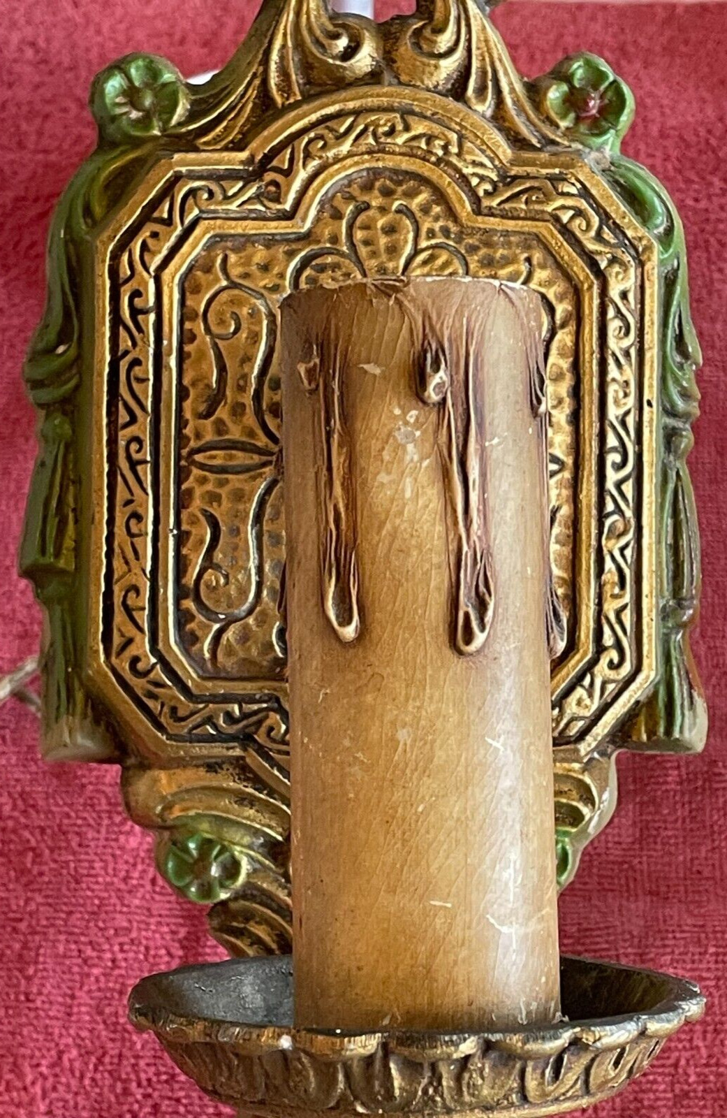 Antique 20’s Wall Sconce Polychrome Deco Nouveau Heavy Ornate Electric Candle