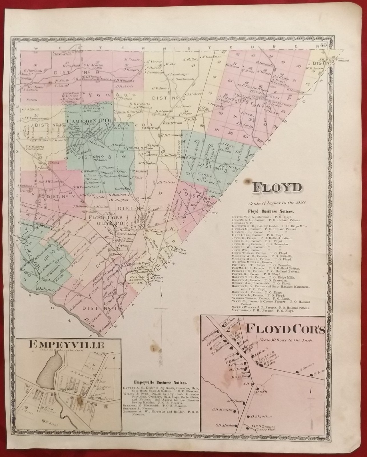 1874 Oneida County NY “Floyd Empeyville Floyd Corners ” Antique Atlas Map